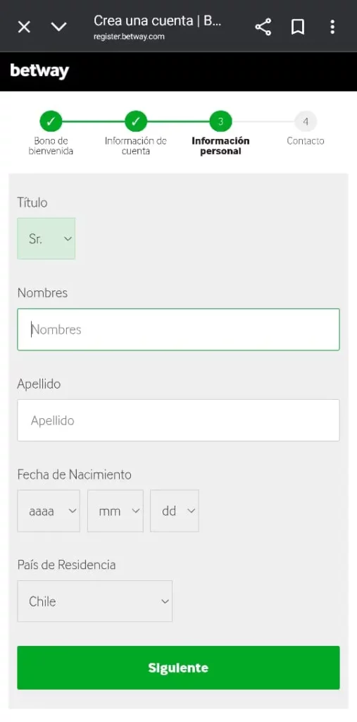 Captura de pantalla del proceso de registro de Betway CL