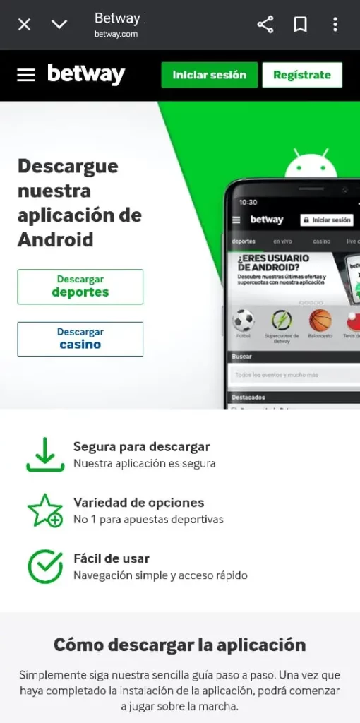 Captura de pantalla de la página de descarga de la Betway App en Chile.