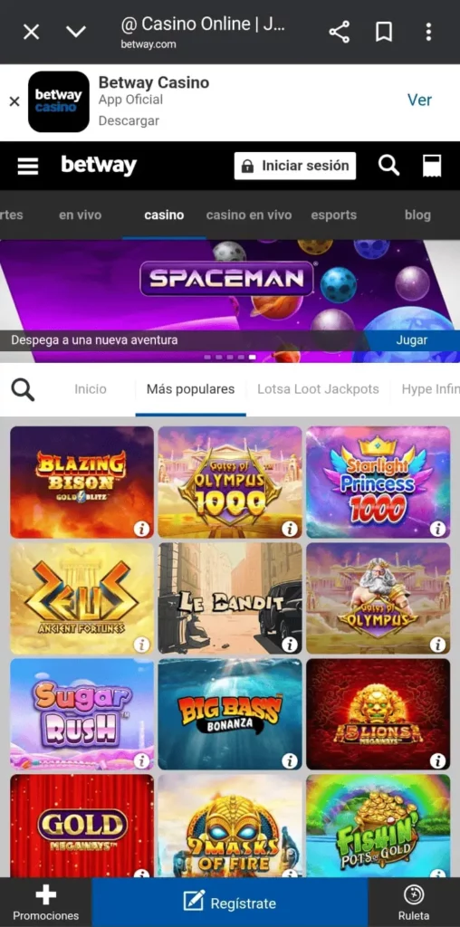 Captura de pantalla de la sección de tragamonedas de Betway CL