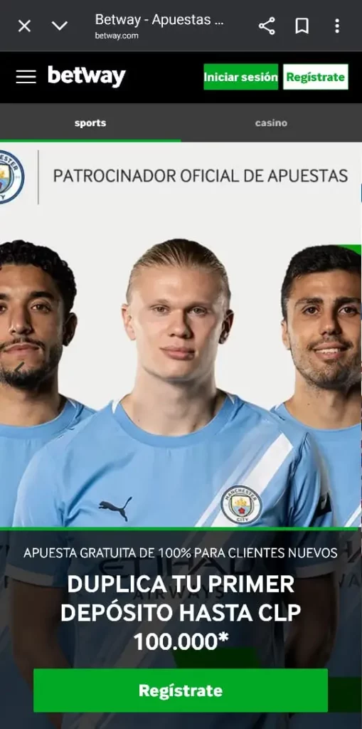 Captura de pantalla del bono de bienvenida para apuestas deportivas de Betway CL