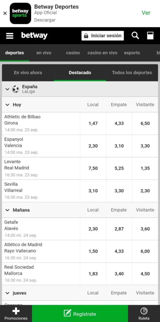 Captura de pantalla de los próximos eventos deportivos en Betway CL