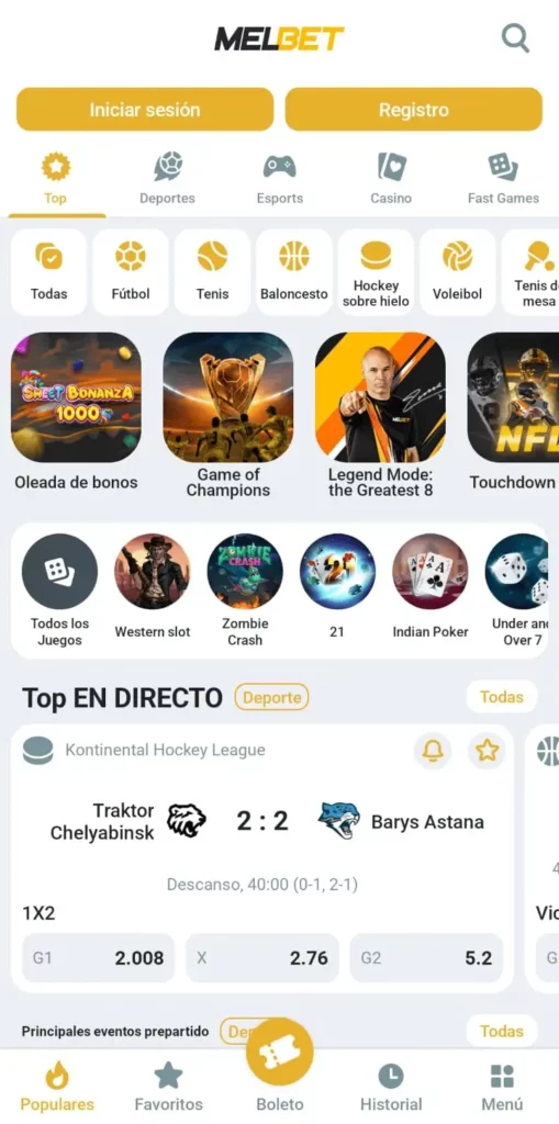 Captura de pantalla de la Melbet App móvil