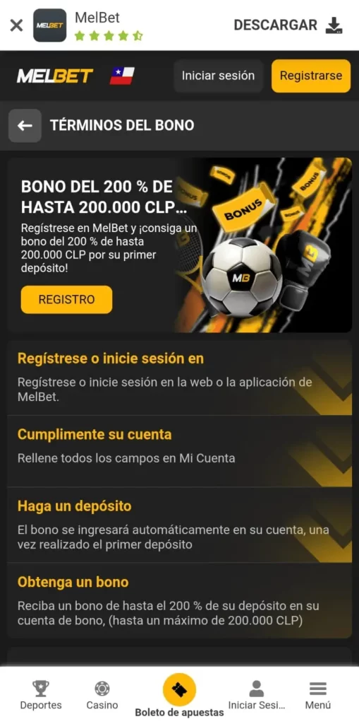 Captura de pantalla del bono de bienvenida de Melbet CL.