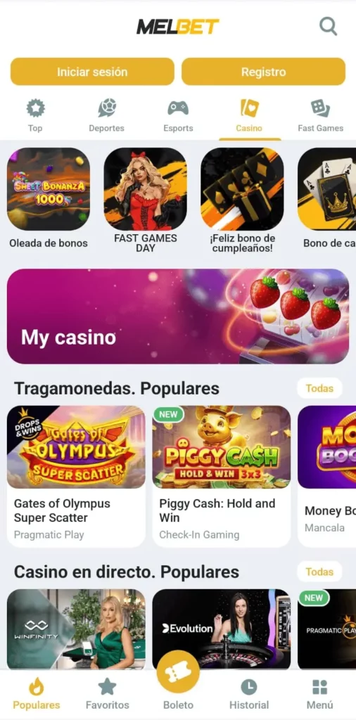 Captura de pantalla de la sección de juegos de casino de Melbet CL