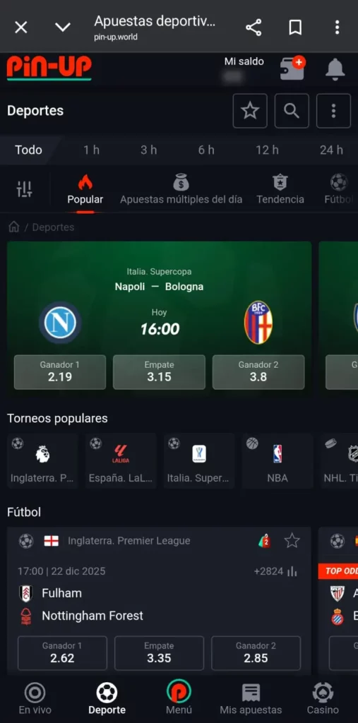 Captura de pantalla de la sección de apuestas deportivas de Pin Up CL