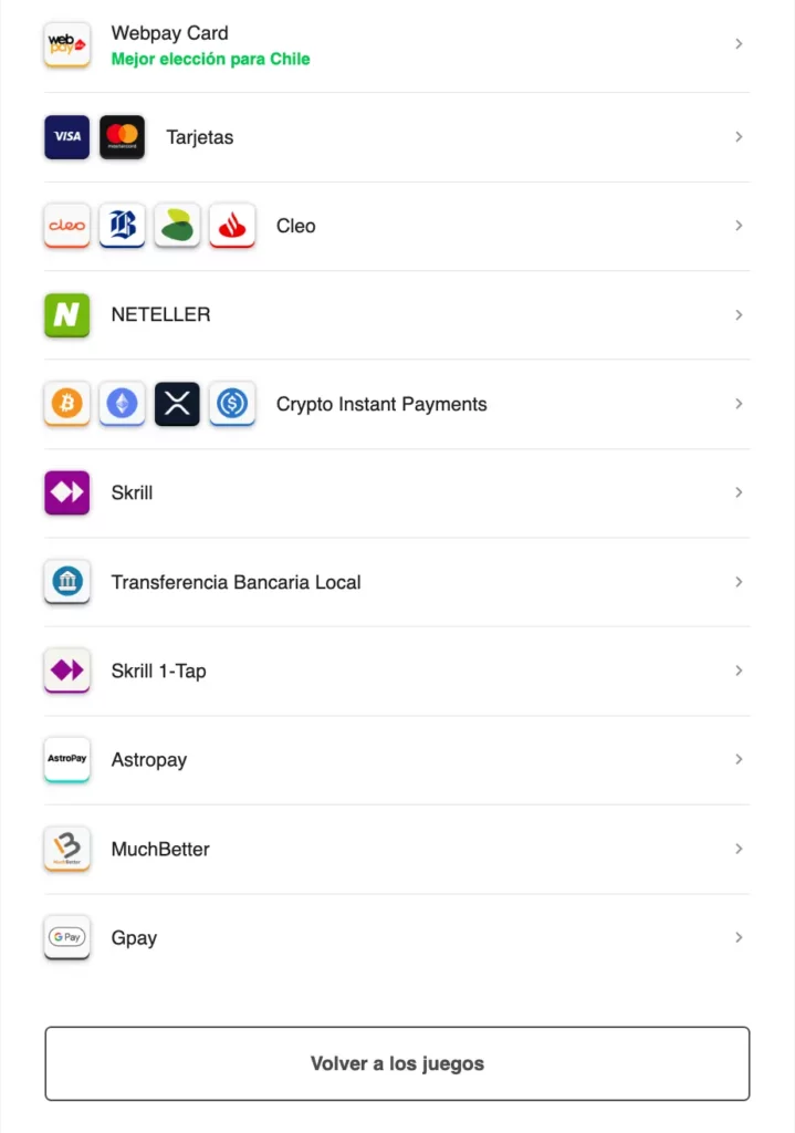 Captura de pantalla de la interfaz de depósito de Spin Casino casino que muestra las opciones de pago con Visa, AstroPay y Bitcoin.