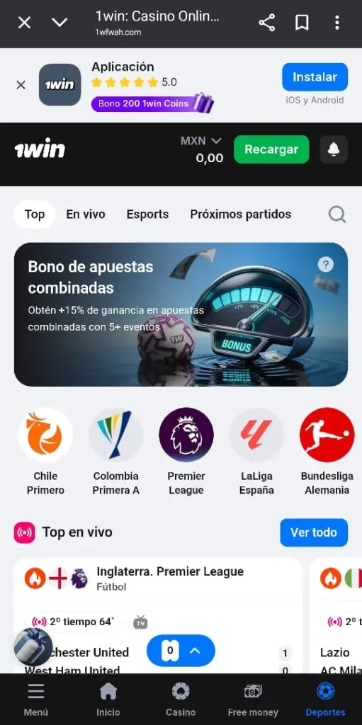 Captura de pantalla de la sección de apuestas deportivas de 1Win CL