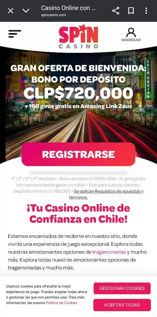 Captura de pantalla del bono de bienvenida de Spin Casino Chile.