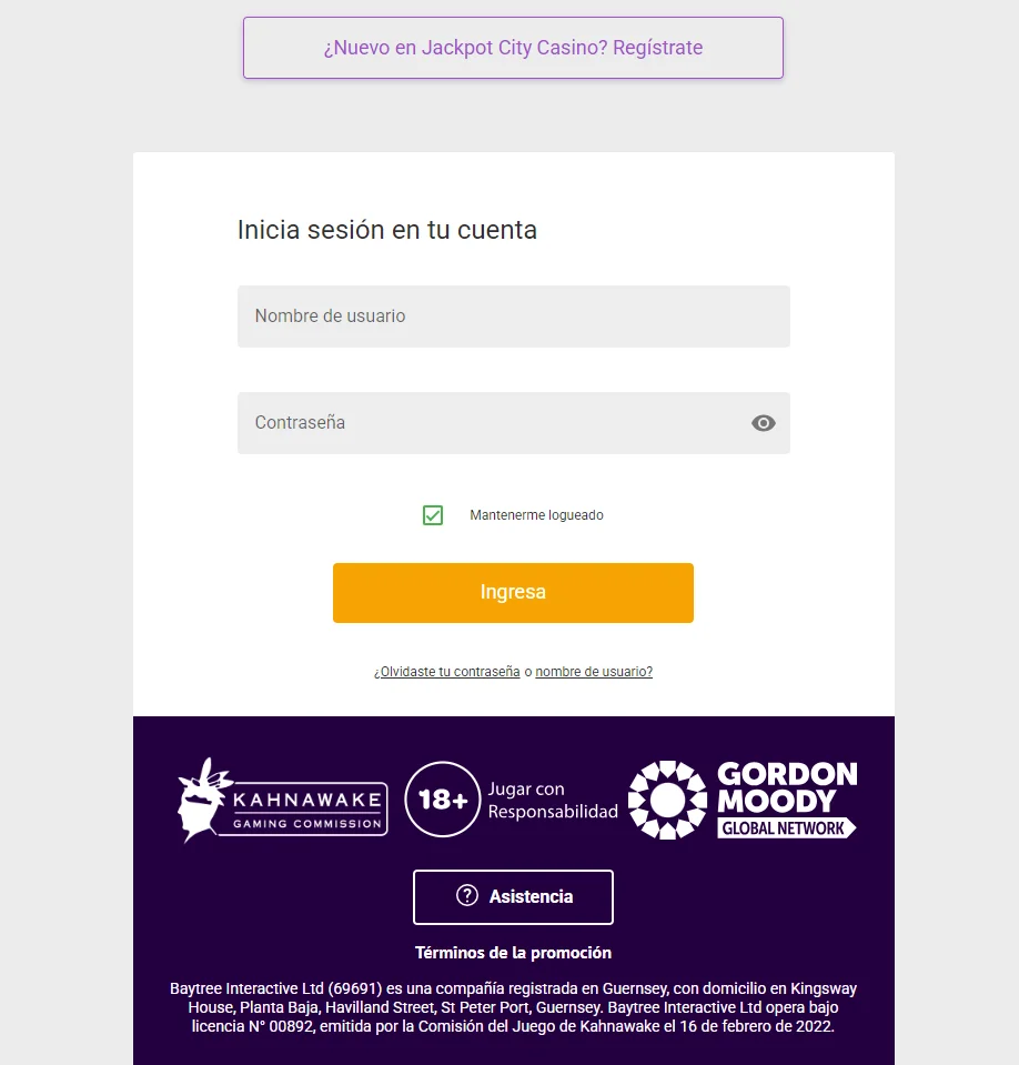 Captura de pantalla del formulario de inicio de sesión de JackpotCity Chile.