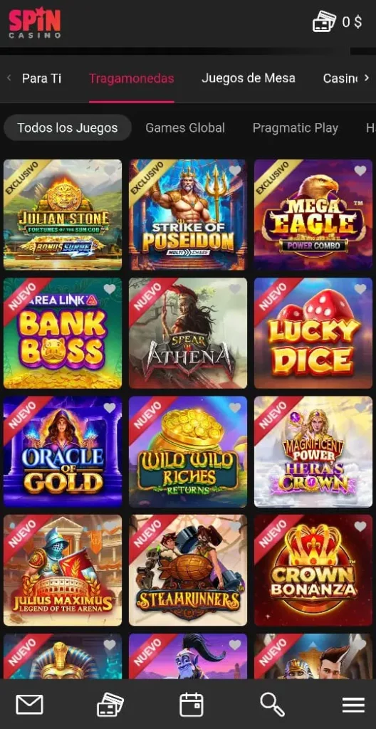 Captura de pantalla de la selección de juegos de Casino Spin Casino Chile.