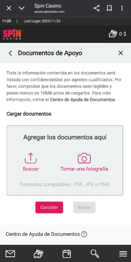 Captura de pantalla de la página para iniciar la verificación de identidad en Spin Casino Chile.