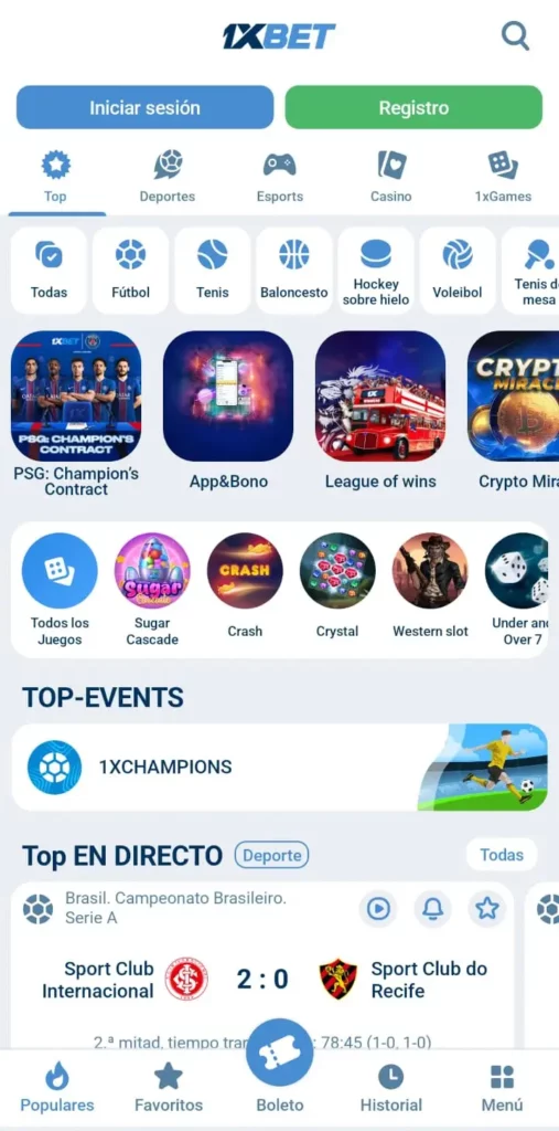 Captura de pantalla de la sección de apuestas deportivas de 1xbet CL