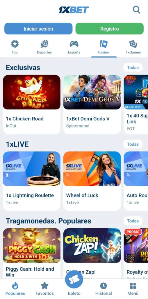 Captura de pantalla de la sección de juegos de casino de 1xbet CL
