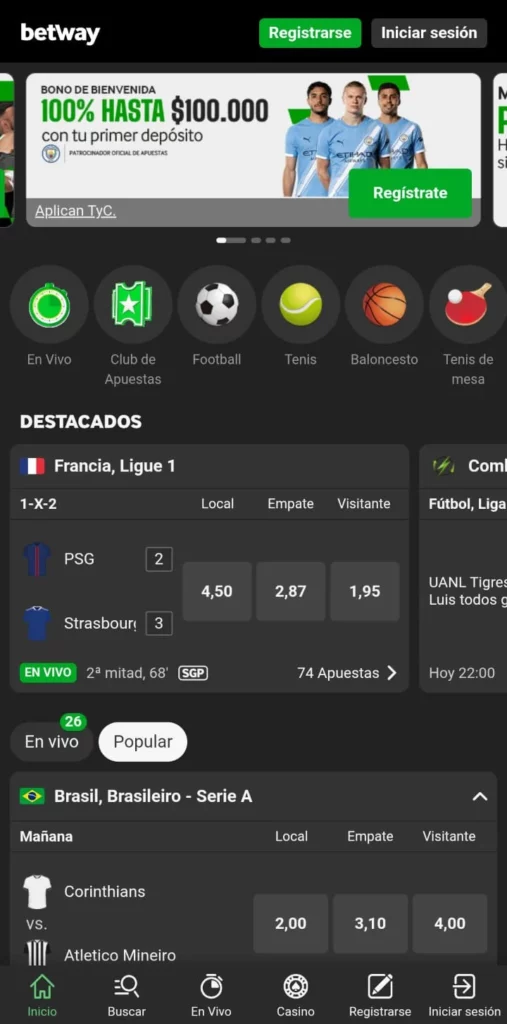 Captura de pantalla de la Betway app para Apuestas Deportivas
