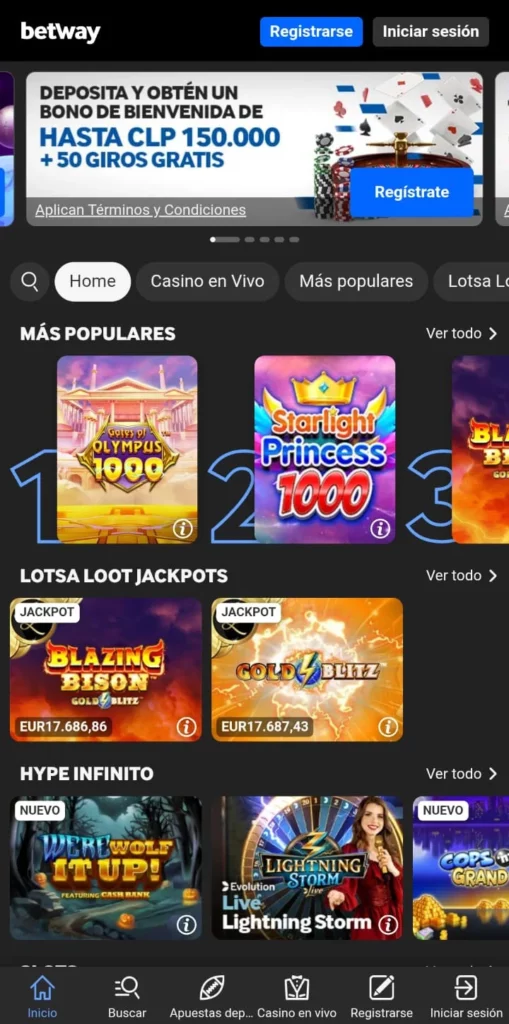 Captura de pantalla de la Betway app para Juegos de Casino