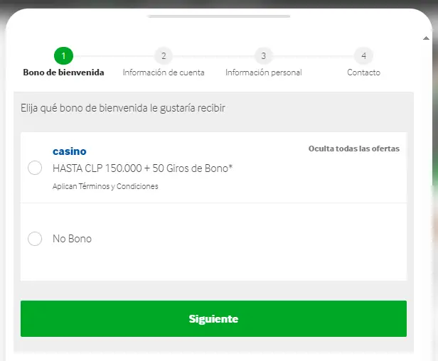 Captura de pantalla del primer paso del registro en Betway CL.