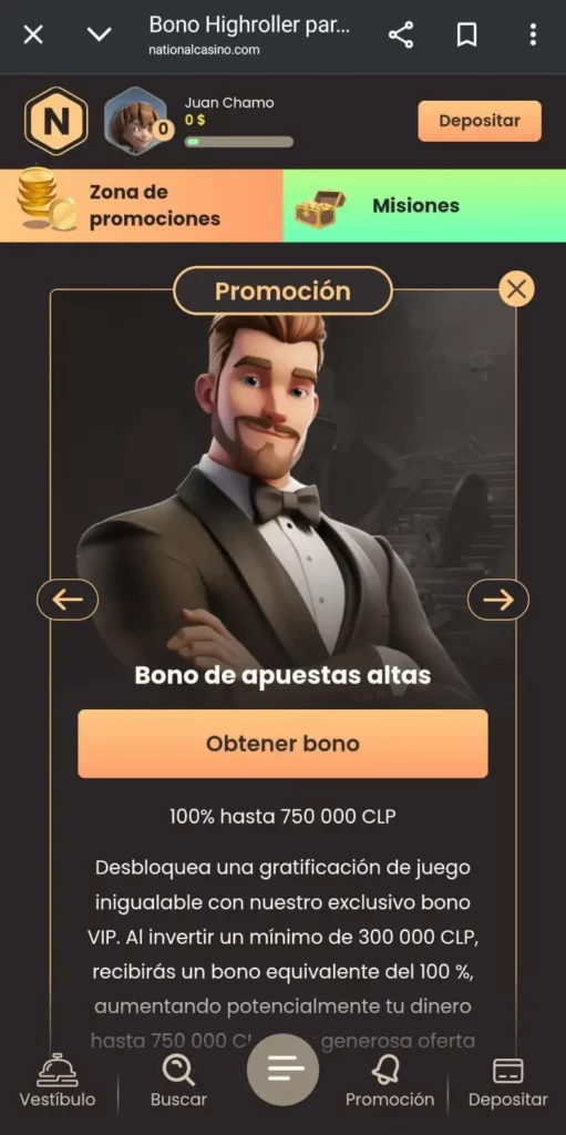 Captura de pantalla del bono de apuestas altas de National Casino CL