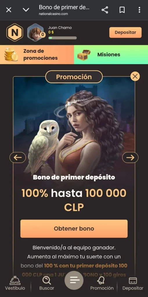 Captura de pantalla del bono por primer depósito de National Casino CL