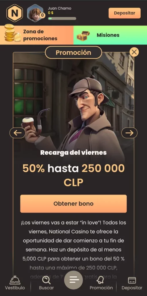Captura de pantalla del bono Recarga del Viernes de National Casino CL