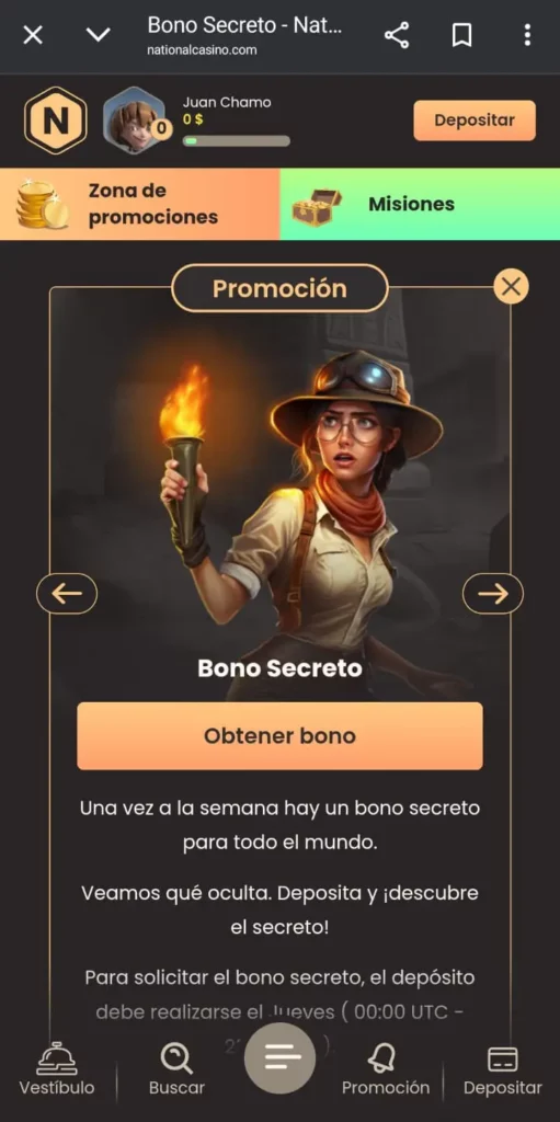 Captura de pantalla del bono secreto de National Casino CL