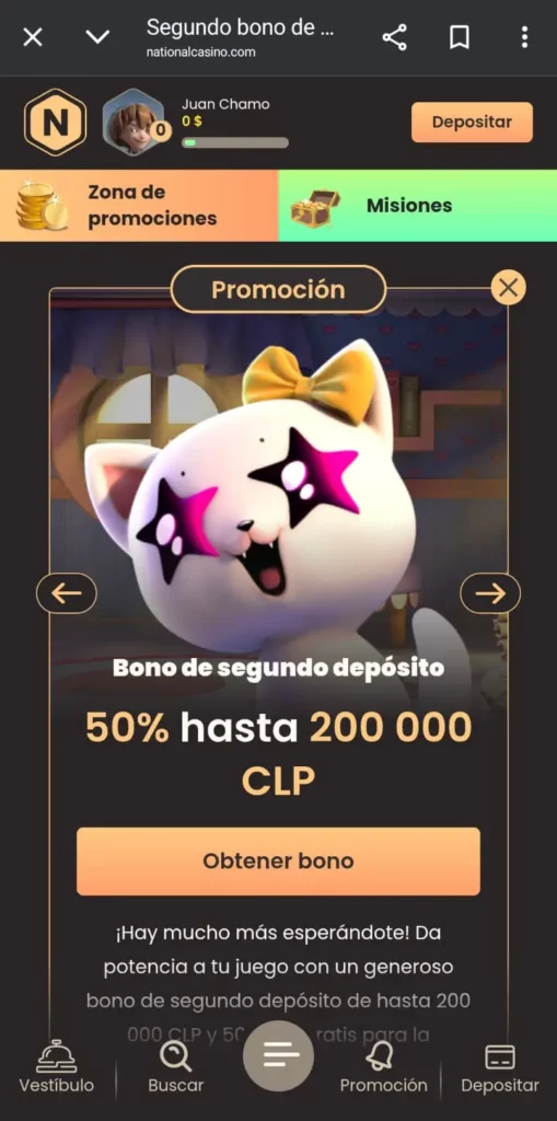 Captura de pantalla del bono por segundo depósito de National Casino CL
