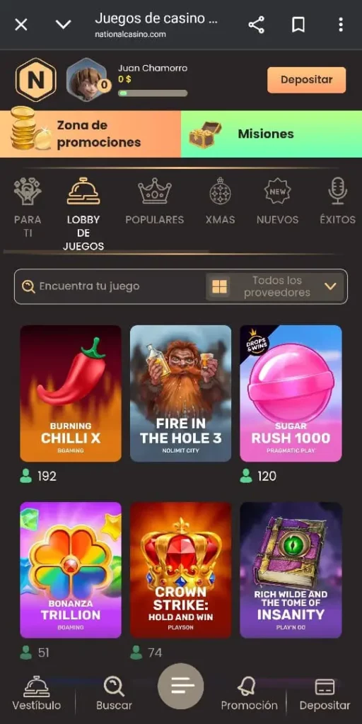 Captura de pantalla de la sección de juegos de casino de National Casino CL