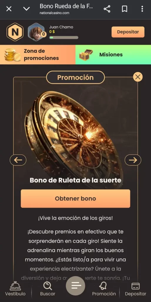Captura de pantalla del bono Ruleta de la Suerte de National Casino CL