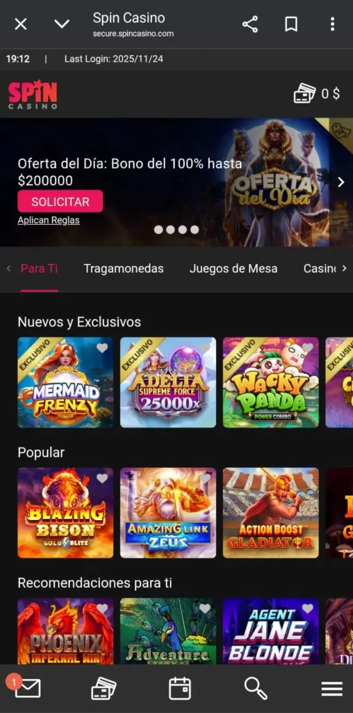 Captura de pantalla de la sección de juegos de casino de SpinCasino casino CL
