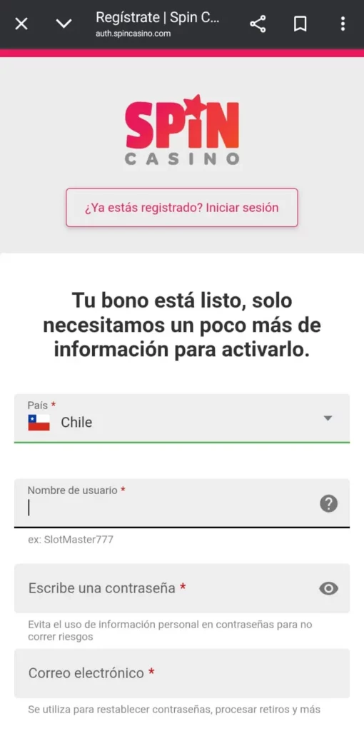 Captura de pantalla de la pantalla de registro en Spin Casino