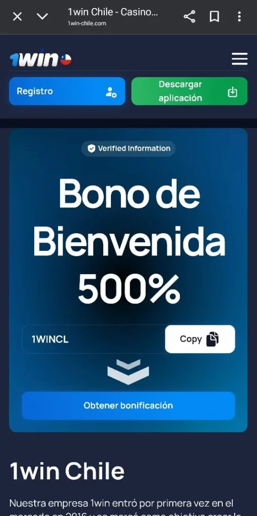 Captura de pantalla del bono de bienvenida de 1Win Casino Chile.