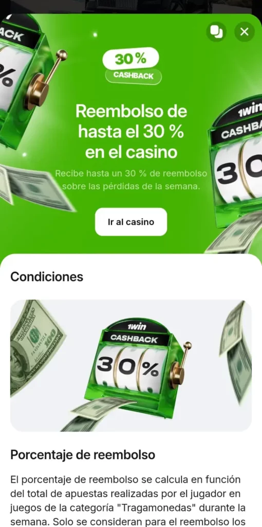 Captura de pantalla del bono Cashback de 1Win CL