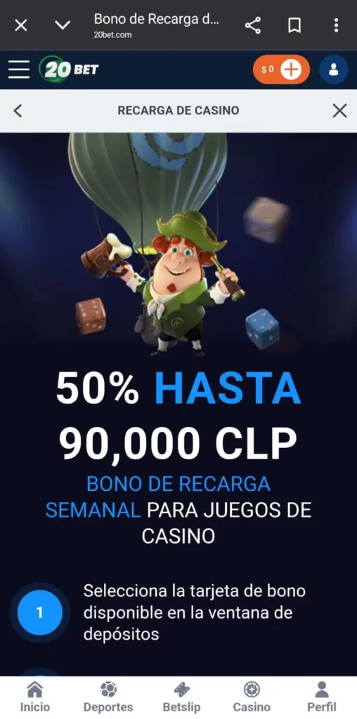 Captura de pantalla del banner del 20Bet Bono Recarga del Viernes