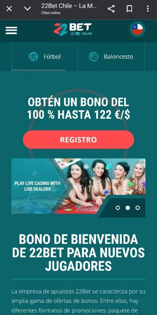 Captura de pantalla del bono de bienvenida de 22Bet Casino Chile.
