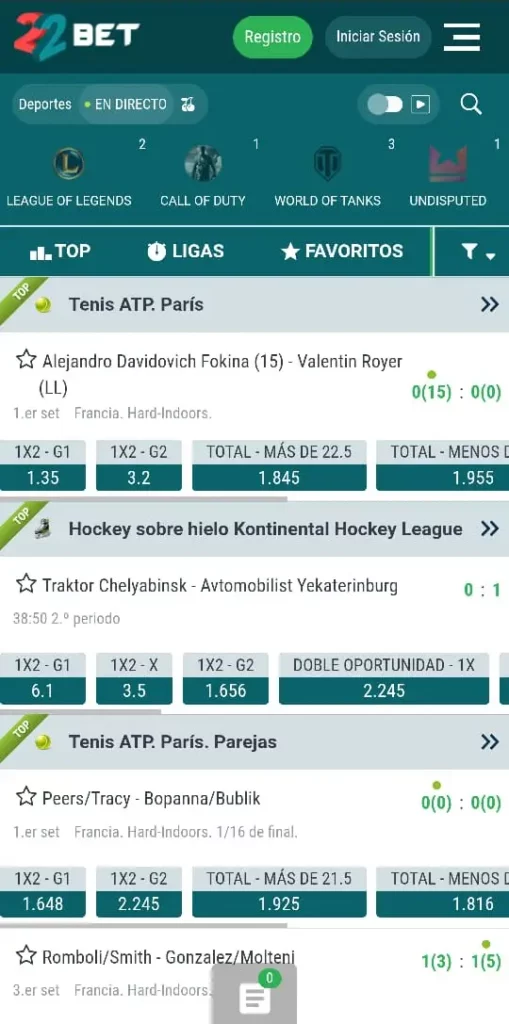 Captura de pantalla de la sección de apuestas deportivas de 22Bet CL