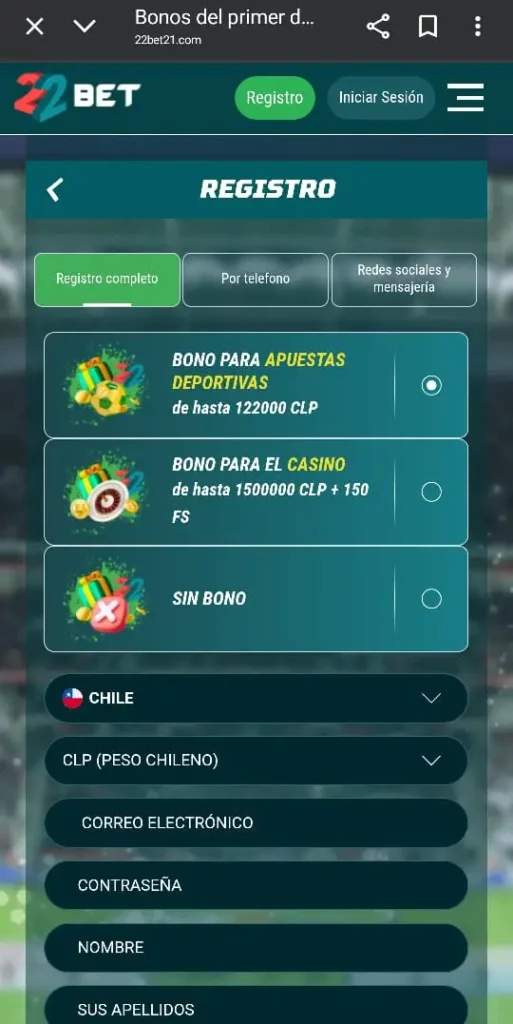 Captura de pantalla de los bonos de bienvenida de 22Bet CL.