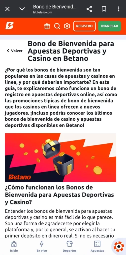 Captura de pantalla del bono de bienvenida de Betano Casino Chile.