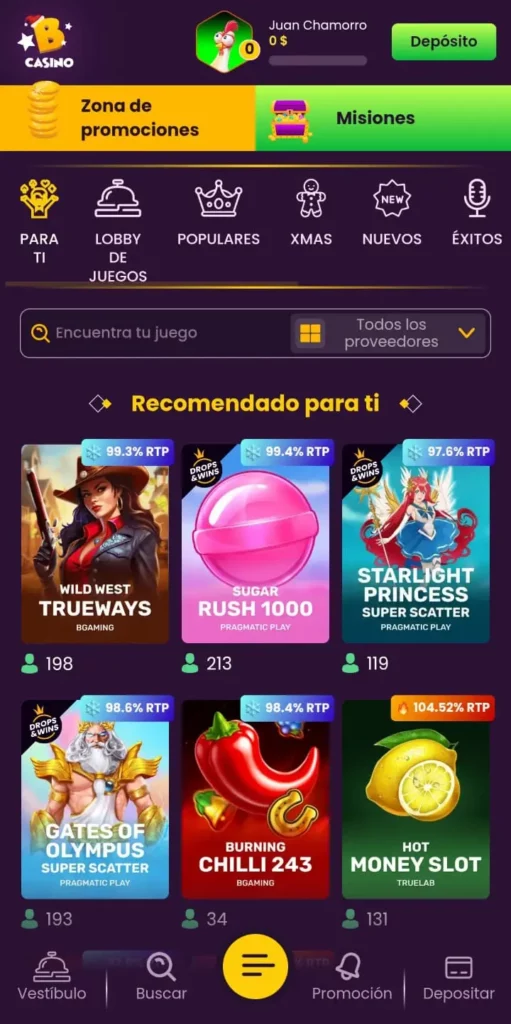 Captura de pantalla de la sección de juegos de casino en la Bizzo Casino Chile app