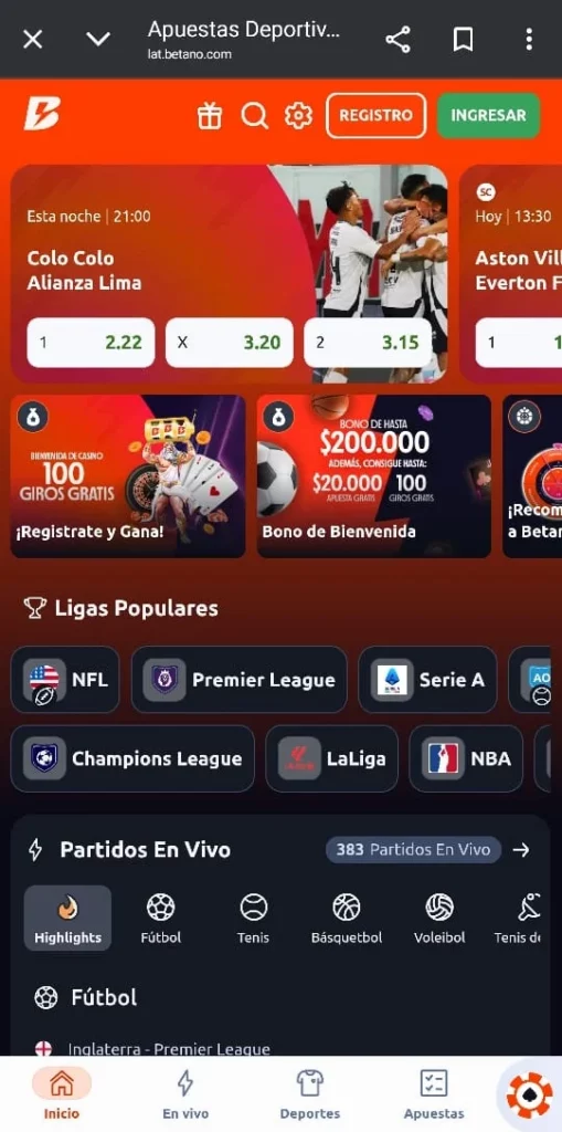 Captura de pantalla de una típica sección de apuestas deportivas en un casino en Chile online.