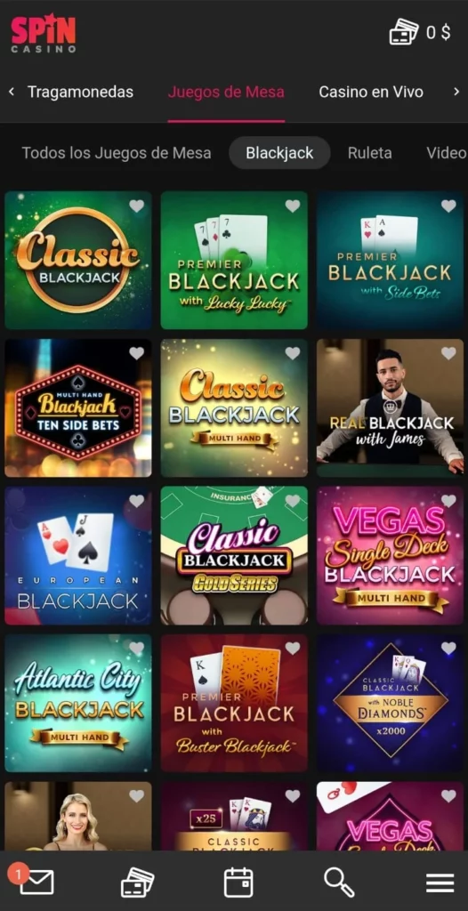 Captura de pantalla de una típica sección de blackjack en un casino en Chile online.