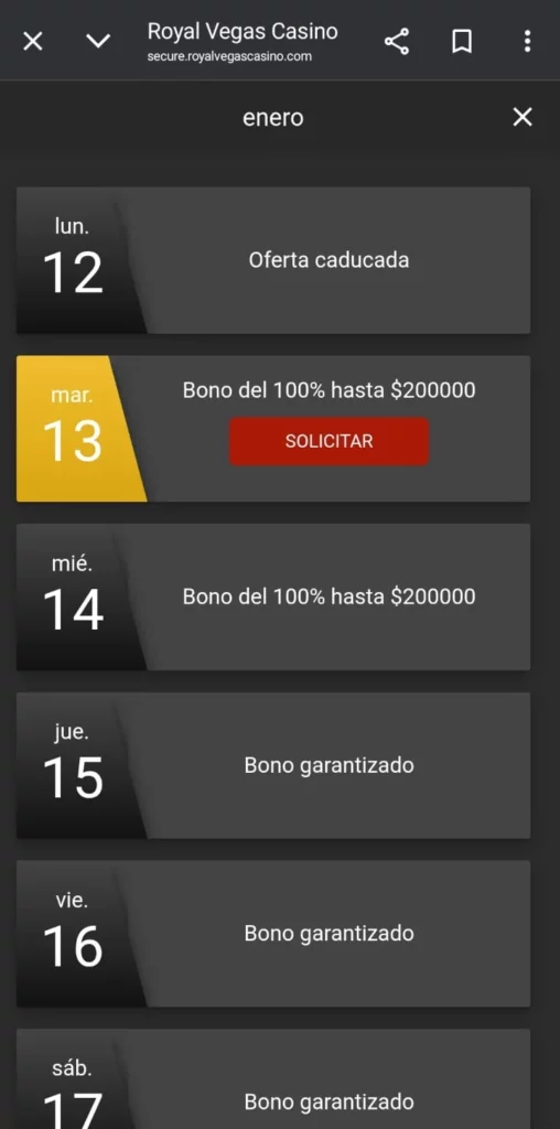 Captura de pantalla de una típica sección de bonos y promociones en un casino en Chile online.