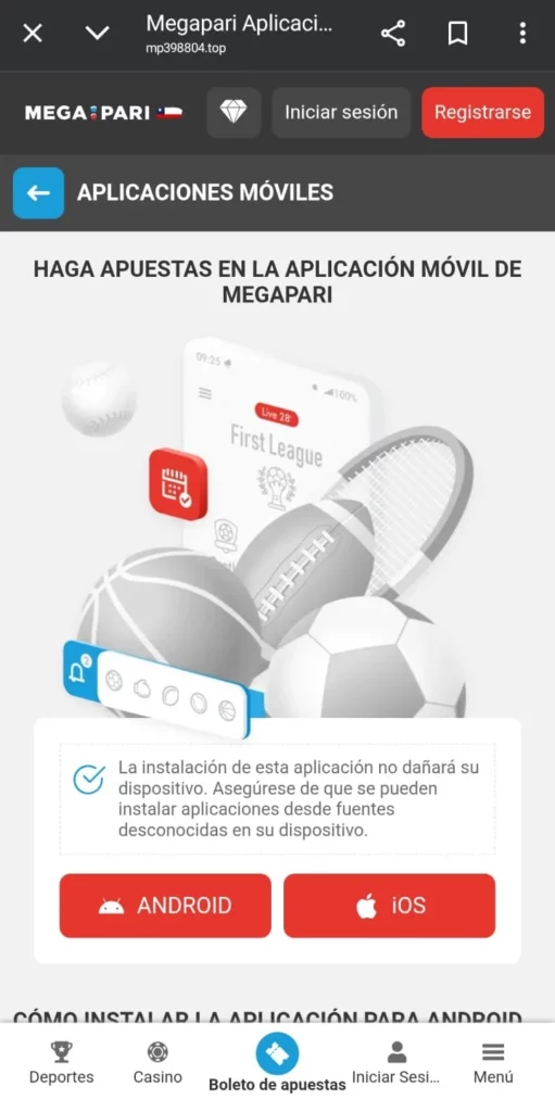Captura de pantalla de una típica página de descarga de una app de casino en Chile online.