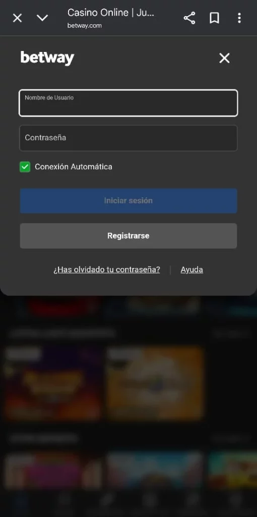 Captura de pantalla de un típico formulario de inicio de sesión en un casino en Chile online.