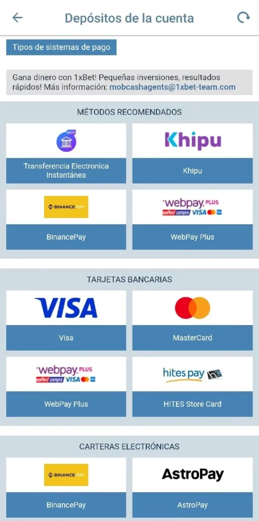 Captura de pantalla de una típica sección de depósito de un casino en Chile online.