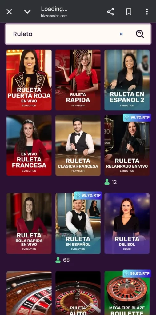 Captura de pantalla de una típica sección de ruleta en un casino en Chile online.