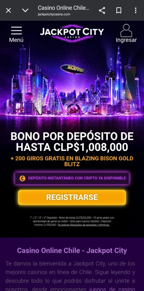 Captura de pantalla del bono de bienvenida de Jackpot City Casino Chile.