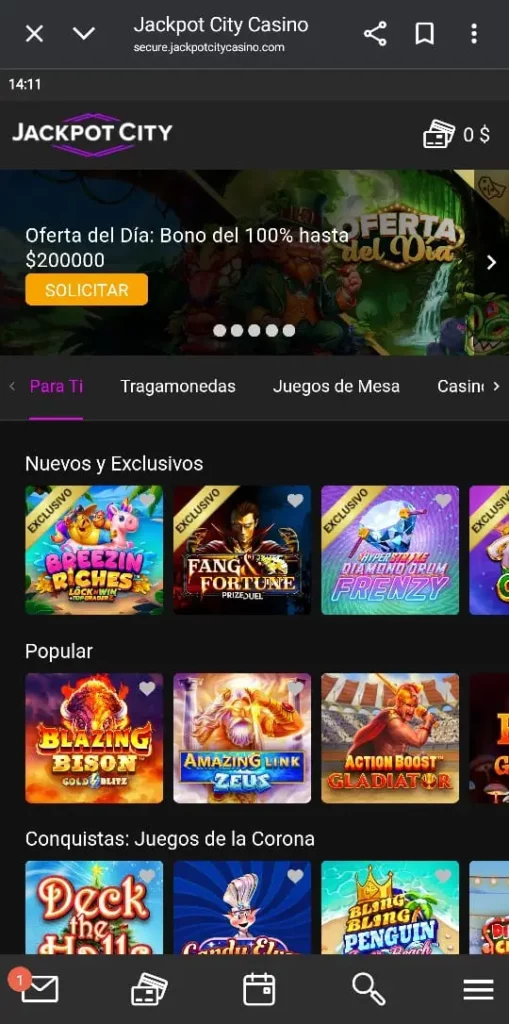 Captura de pantalla de la sección de juegos de casino de Jackpot City