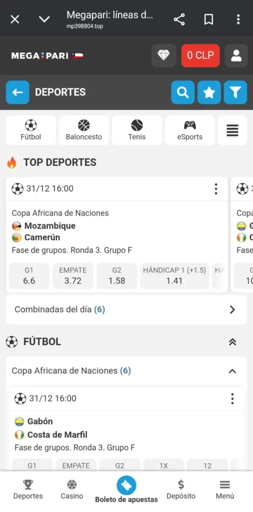 Captura de pantalla de la sección de apuestas deportivas de Megapari Chile