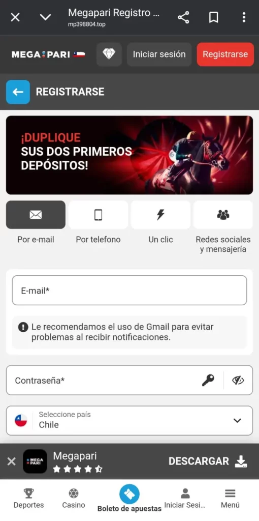 Captura de pantalla de la pantalla de registro en Megapari