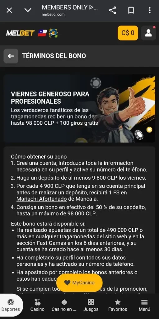 Captura de pantalla del banner del Melbet Bono Recarga del Viernes