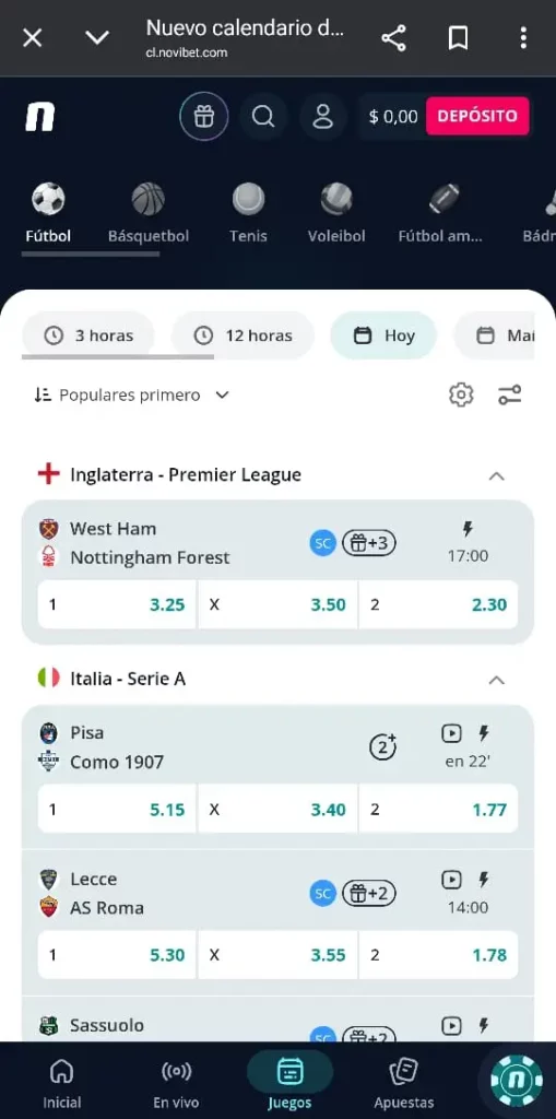 Captura de pantalla de la sección de apuestas deportivas de Novibet CL